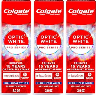 Colgate Optic White Pro Series High Impact White, 3 Pack, Teeth Whitening Toothpaste with 5% Hydrogen Peroxide and ActivShine, Brilliant Mint Flavor, 3.0 OZ