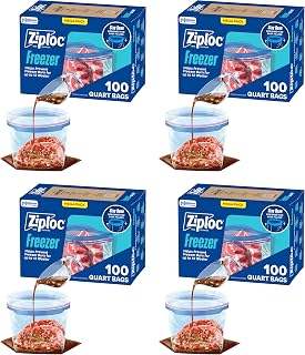 Ziploc Quart Food Storage Freezer Bags, Stand-Up Bottom, Easy to Fill, 100 Count (Pack of 4)