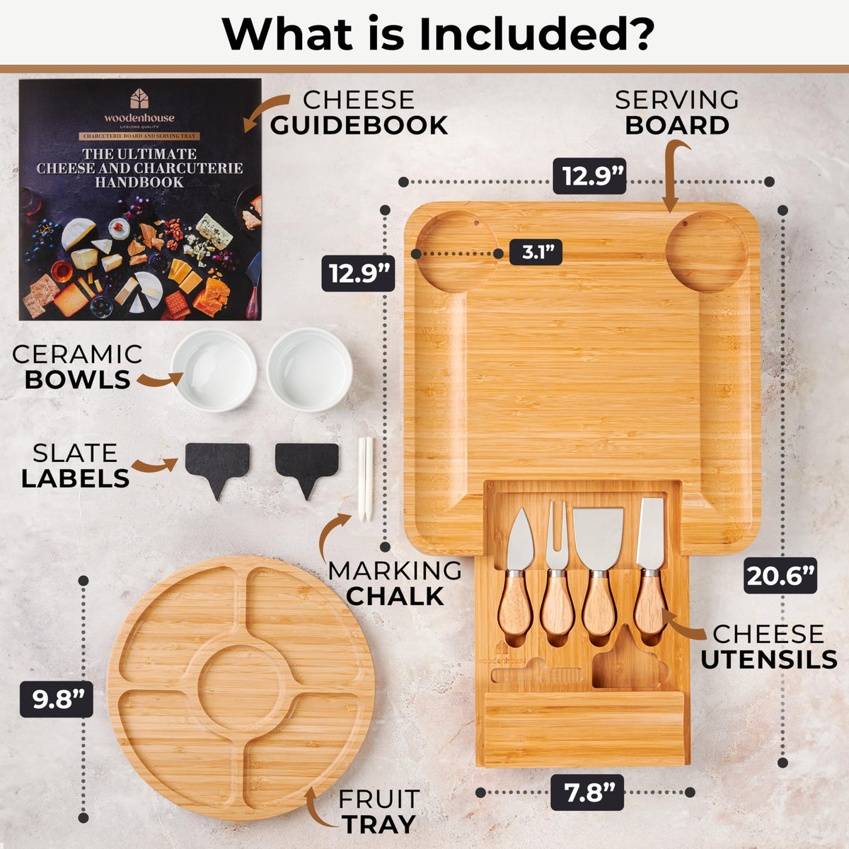 Woodenhouse Charcuterie Board Set, Bamboo with Utensils, Light Brown