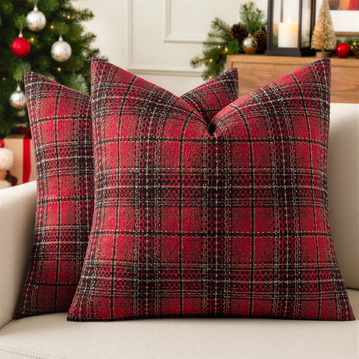 Miulee Plaid Cushion Covers, 18 x 18 Inches, Red