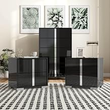 Furniture of America Alistair Modern Solid Wood 3-Piece Nightstands and Chest Set with Ball-Bearing Glides, Chrome Legs, Vertical Chrome Handles, Black