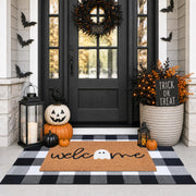 Fallovea Halloween Doormat Set, Coir Welcome Ghost Mat with Plaid Rug, Black and White