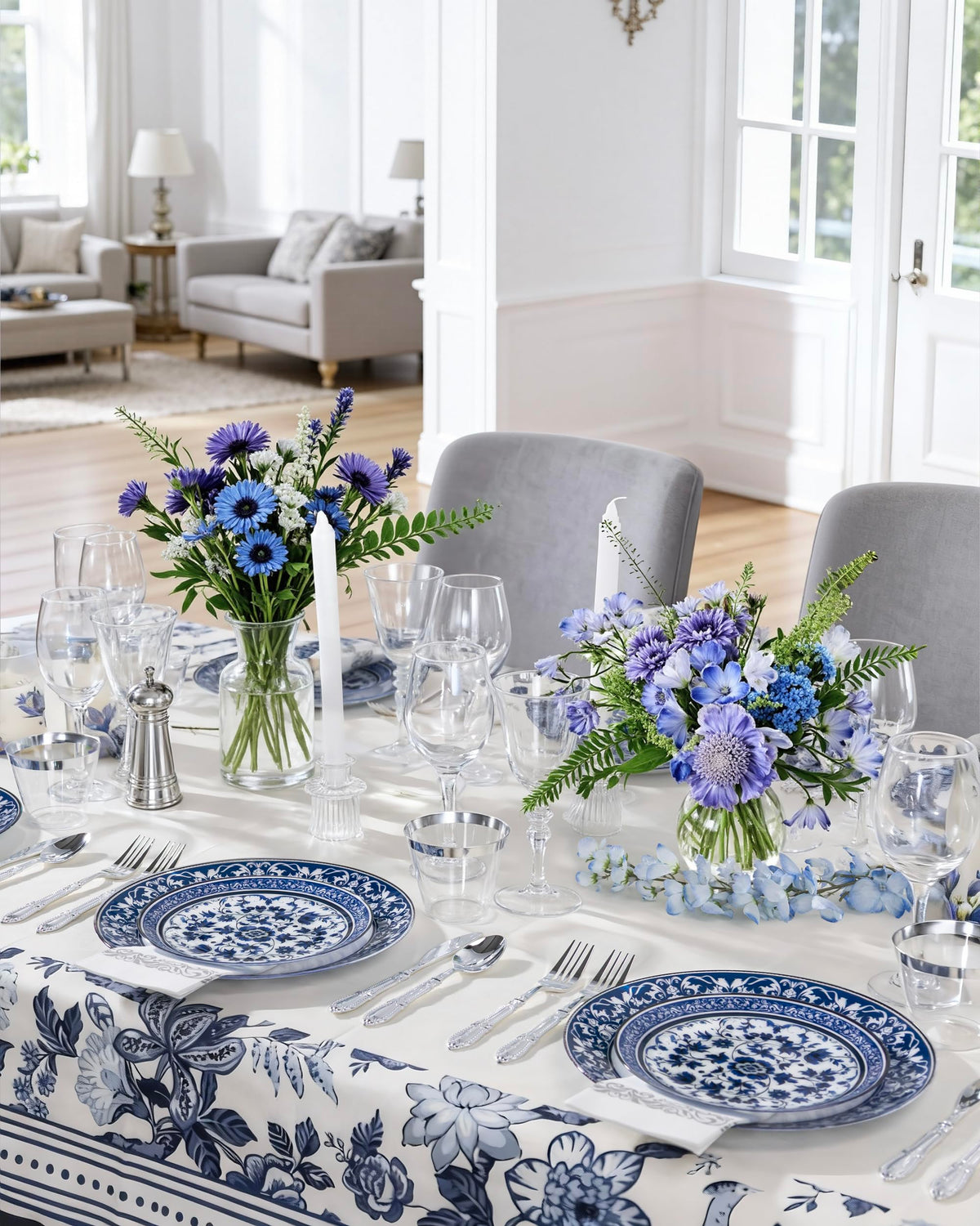 Hioasis Plastic Dinner Plates, 60 Piece Set for 30 People, White and Blue