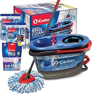 O-Cedar RinseClean Microfiber Spin Mop & Bucket Floor Cleaning System with 2 Extra Mop Head Replacements with Lavender Pac (Variety Pack)