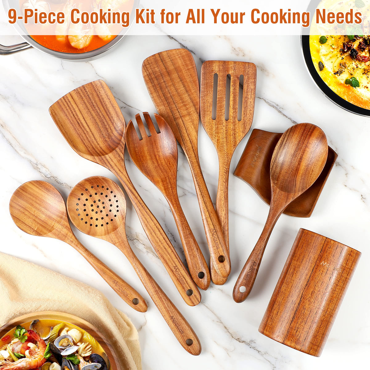 Mooues Teak Wooden Utensil Set, 9 Piece Natural Wood with Holder and Rest