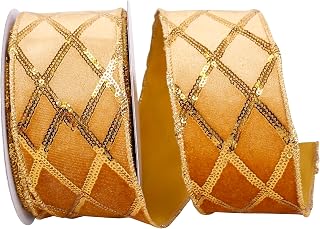 Reliant Ribbon 93685W-035-40F Sequined Diamond Plush Wired Edge Ribbon, 2-1/2 Inch X 10 Yards, Gold