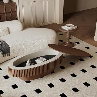 47" Fluted Mushroom Coffee Table, Round Coffee Table with Hidden Storage, Mesa De Centro para Sala with Wood Veneer for Apartment and Office, Walnut