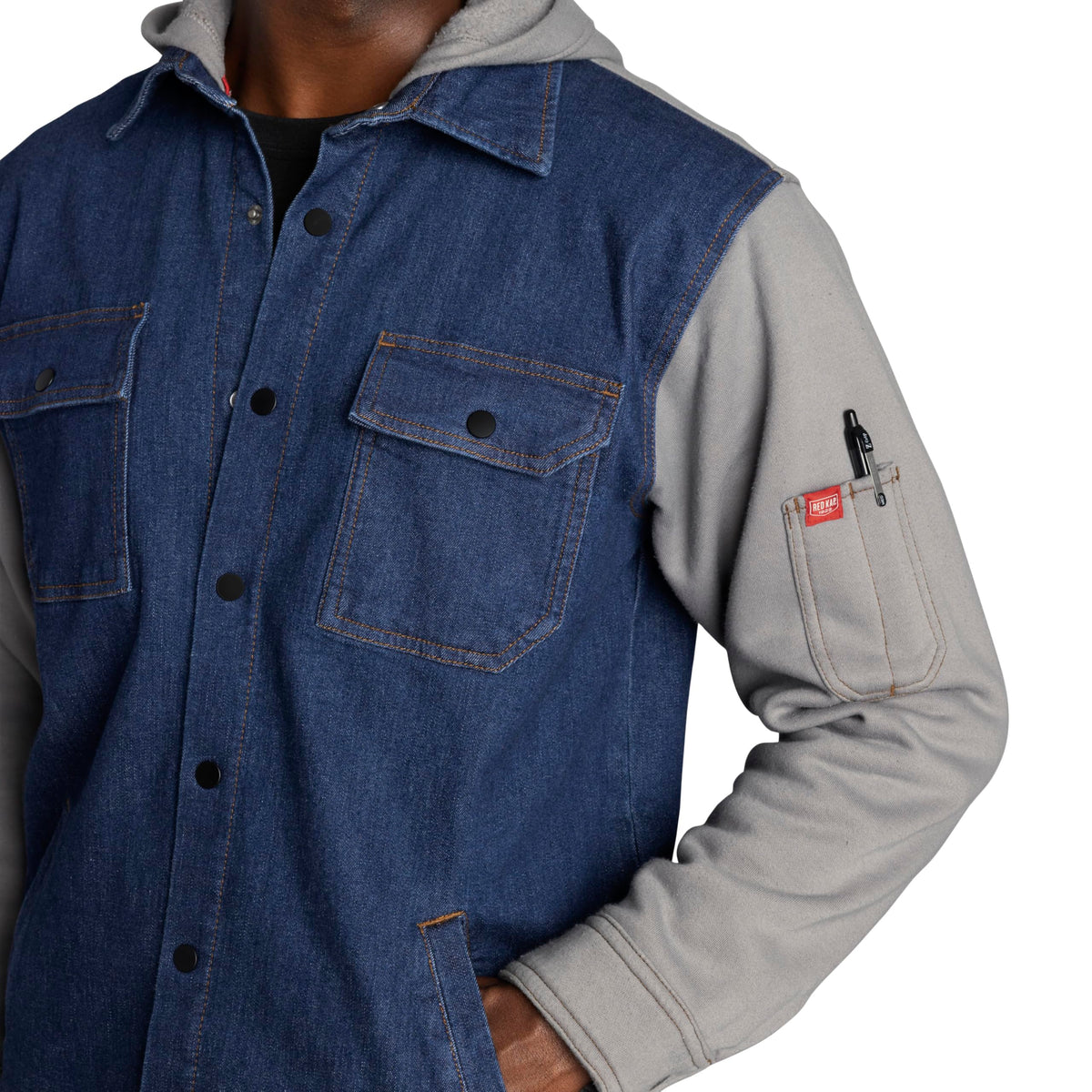 Men's Denim & Fleece Hooded Shirt Jacket by Red Kap – Cotton, Denim / Black, Model S5DJBK RG 3XL