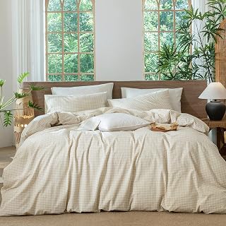 Gingham Duvet Cover Set 100% Washed Cotton Linen Like