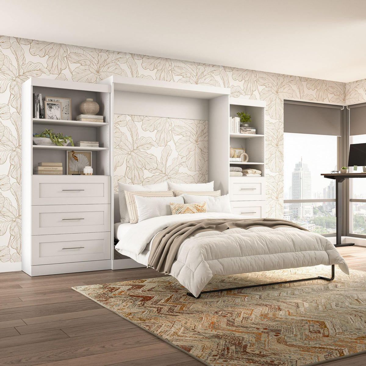 Queen Murphy Bed and 2 Shelving Units with Drawers by Bestar – Queen, Engineered Wood, Linen White Oak, Model 26879-17