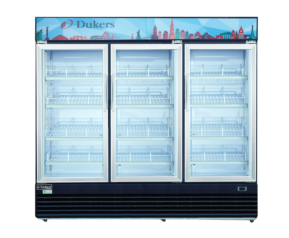Commercial Glass Swing 3-Door Merchandiser Refrigerator by Dukers – (W x D x H): 78″ x 31 7/8″ x 79 1/2″, 69.4 cubic_feet, Metal, Black/Clear, Model DSM-69R