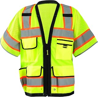 OccuNomix LUX-HDS2T3-YM Heavy Duty Solid/Mesh Two-Tone Surveyor Vest with Zipper, 8 Pockets, Class 3, 100% ANSI Polyester, Medium, Yellow (High Visibility)