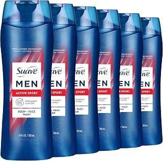 Suave Men Moisturizing Body & Face Wash, Energizing Sport with Bergamot & Wood Scent, No Parabens, No Phtahaltes, 18 Oz Pack of 6