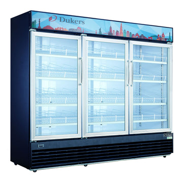 Commercial Glass Swing 3-Door Merchandiser Refrigerator by Dukers – (W x D x H): 78″ x 31 7/8″ x 79 1/2″, 69.4 cubic_feet, Metal, Black/Clear, Model DSM-69R