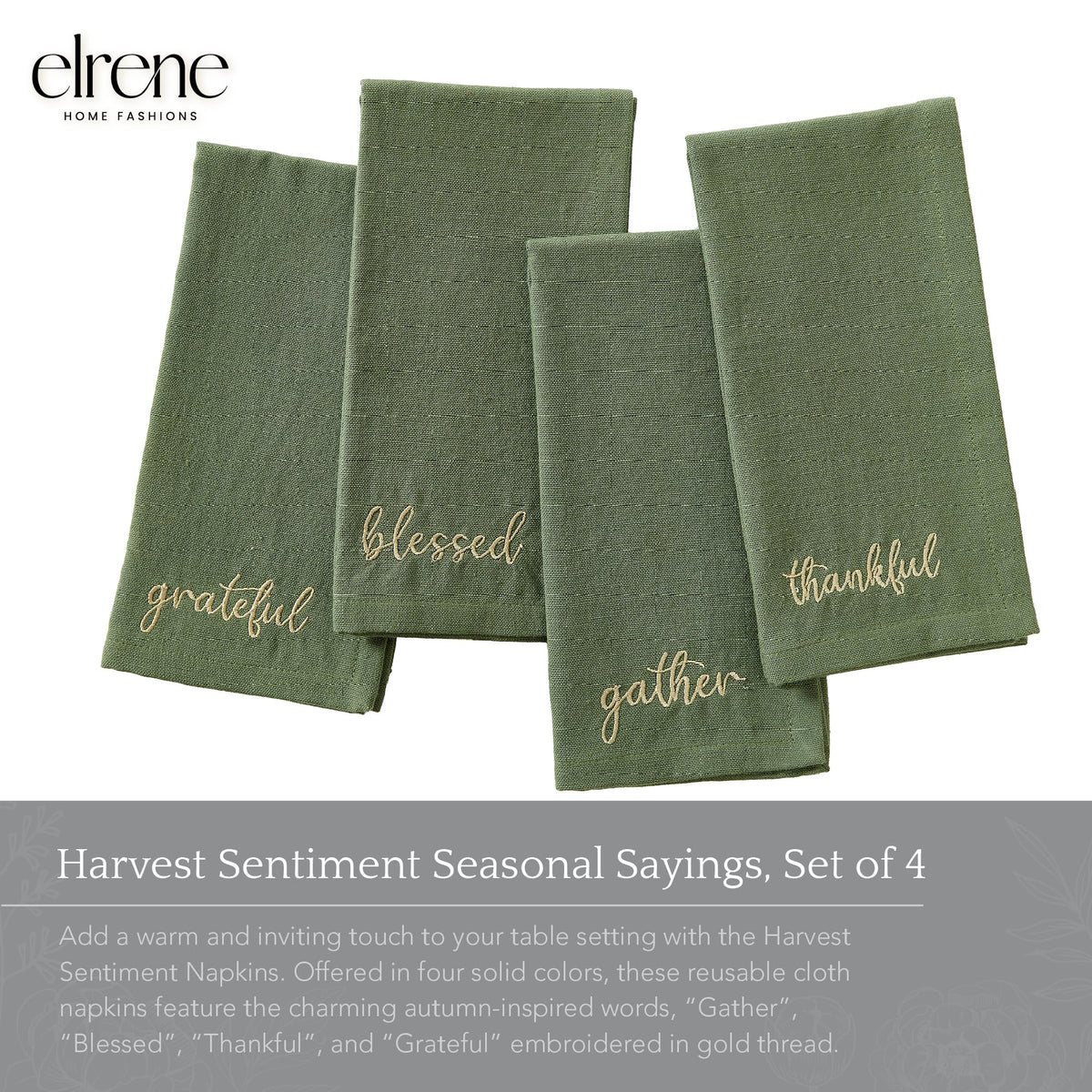 Threadmade Embroidered Harvest Napkins, 17 x 17 Inch, Set of 4 Green