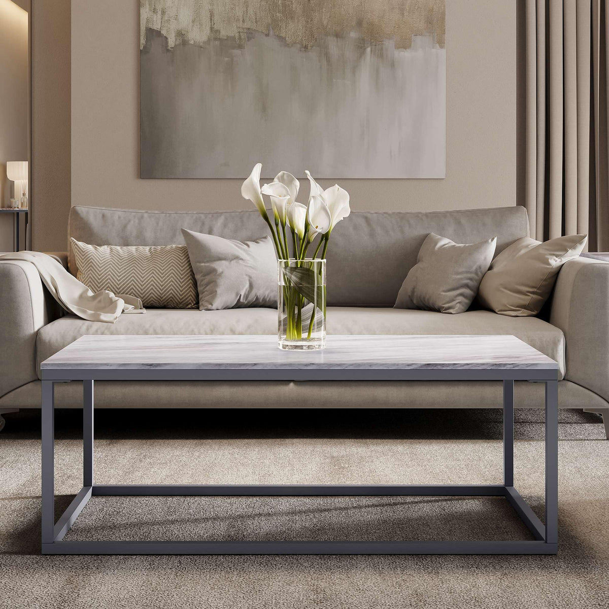 Wynn 48" Modern Luxe Solid Marble Coffee Table by Jofran Inc. – Marble, Grey Marble, Model 2568-1