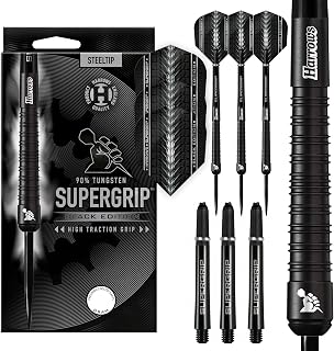 Harrows SUPERGRIP Black Edition 90% Tungsten Steel Tip Darts Set. Available in 21g, 22g, 23g, 24g, 25g, 26g, 28g & 30g - Includes Supergrip Shafts & Supergrip Flights