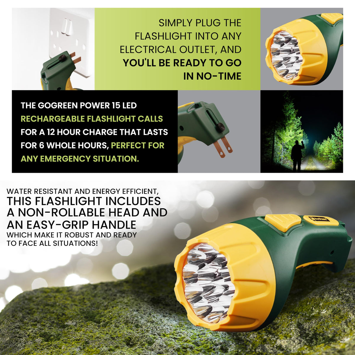 GoGreen Power () 15 LED Rechargeable Flashlight by Power By GoGreen – 1 EA, Plastic, Yellow/Green, Model GG-113-15RC