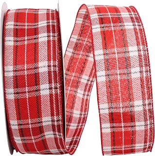 Reliant Ribbon 93196W-695-40K Spearmint Twill Holiday Plaid Value Wired Edge Ribbon, 2-1/2 Inch X 50 Yards, Red/White