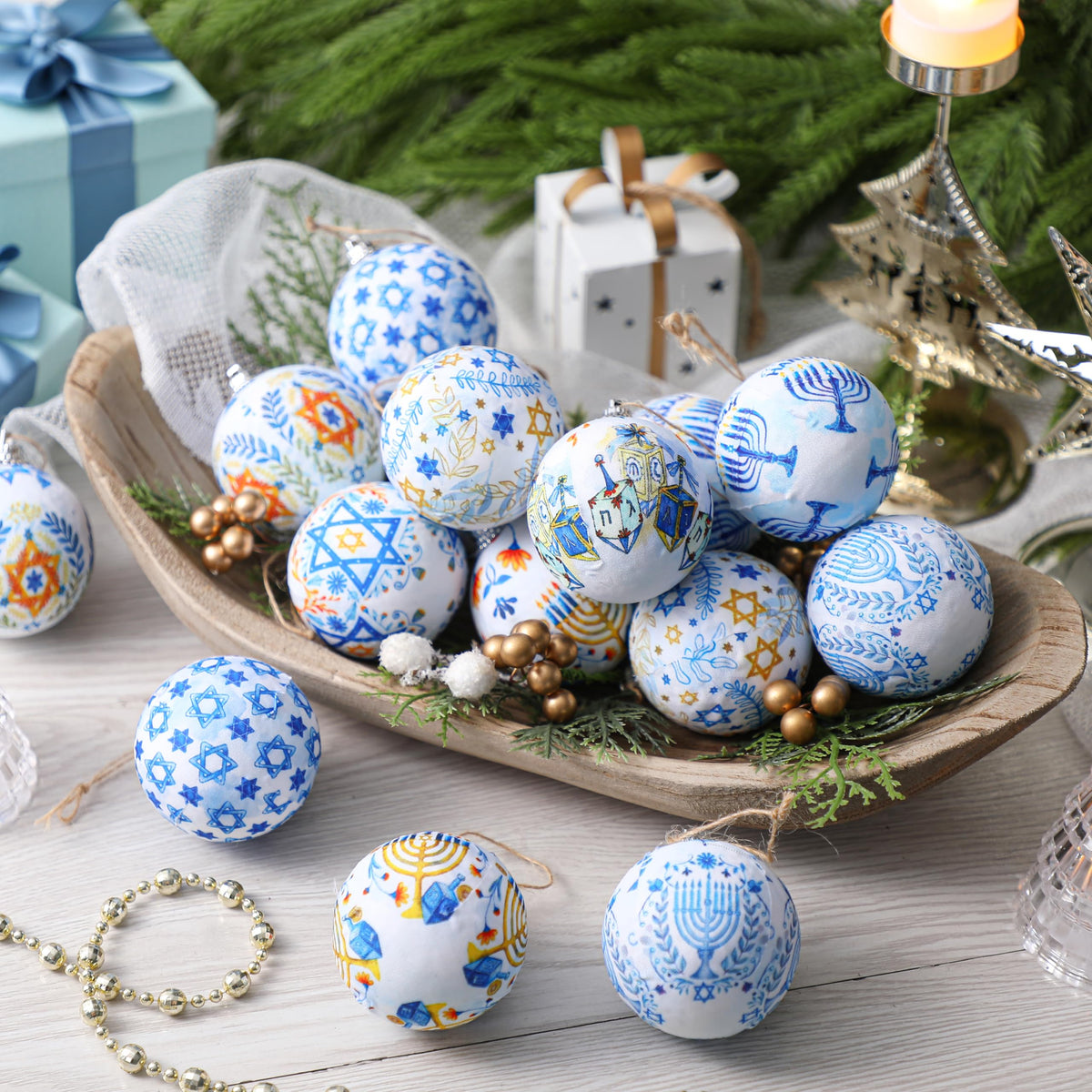 Outus Hanukkah Ball Ornaments, 16 Pack, Blue and White with Star of David