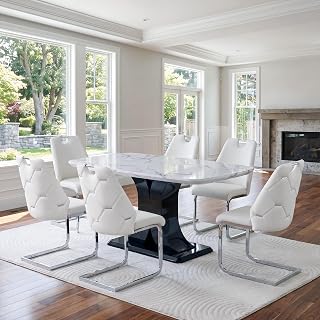 Marble Dining Table Set for 6, Juegos de Comedor 6 Sillas y Mesa, White | 63-Inch Faux Marble MDF Top,Reverse Double-C Base,6 PU Leather Chairs,Diamond-Quilted Backrests,Chrome Accents and Handles