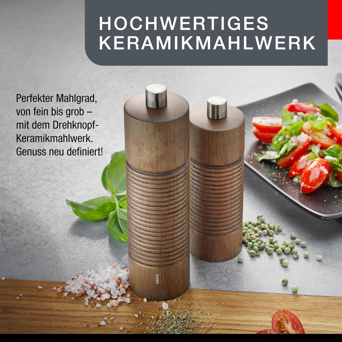 Salt or Pepper Mill by GEFU – klein, Stainless Steel, Silver, Model 34647