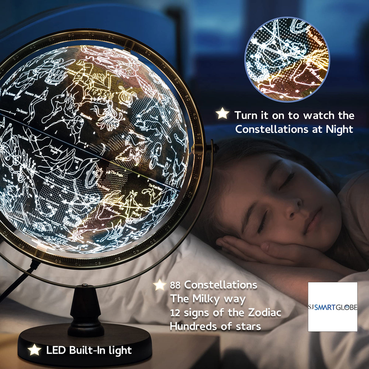 with Interactive APP & LED Illuminated Constellations at Night by SJSMARTGLOBE – Original, Wood, Blue, Model SJE-260-GASW2
