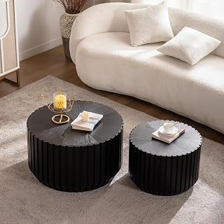 27" Fluted Textured Coffee Table, Round Coffee Table with Dual Solid Wood MDF Build, Mesa De Centro para Sala with Nested Split Usage for Home Office and Balcony, Black