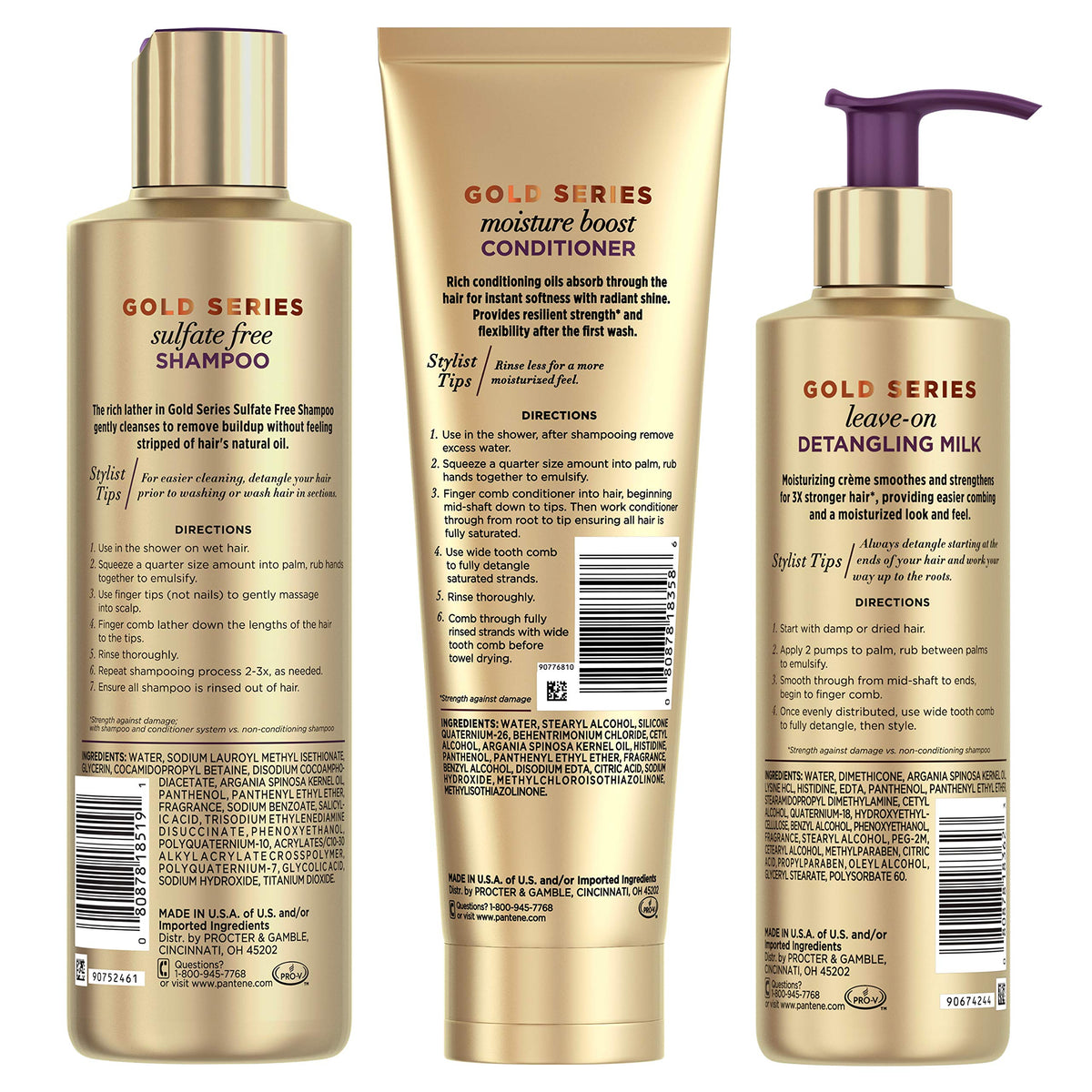 Shampoo, Conditioner, and Detangling Milk Hair Treatment Kit, with Argan Oil, Sulfate Free, Pro-V Gold Series, for Natural and Curly Textured Hair by Pantene – 3 Piece Set, Kit C