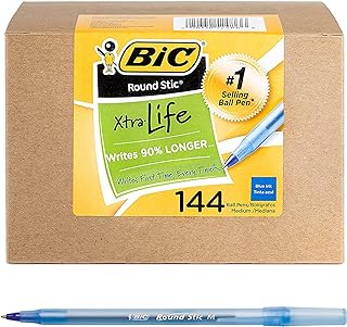 BIC Round Stic Xtra Life Ballpoint Pen, Medium Point (1.0mm), Blue, Flexible Round Barrel For Writing Comfort, 144-Count