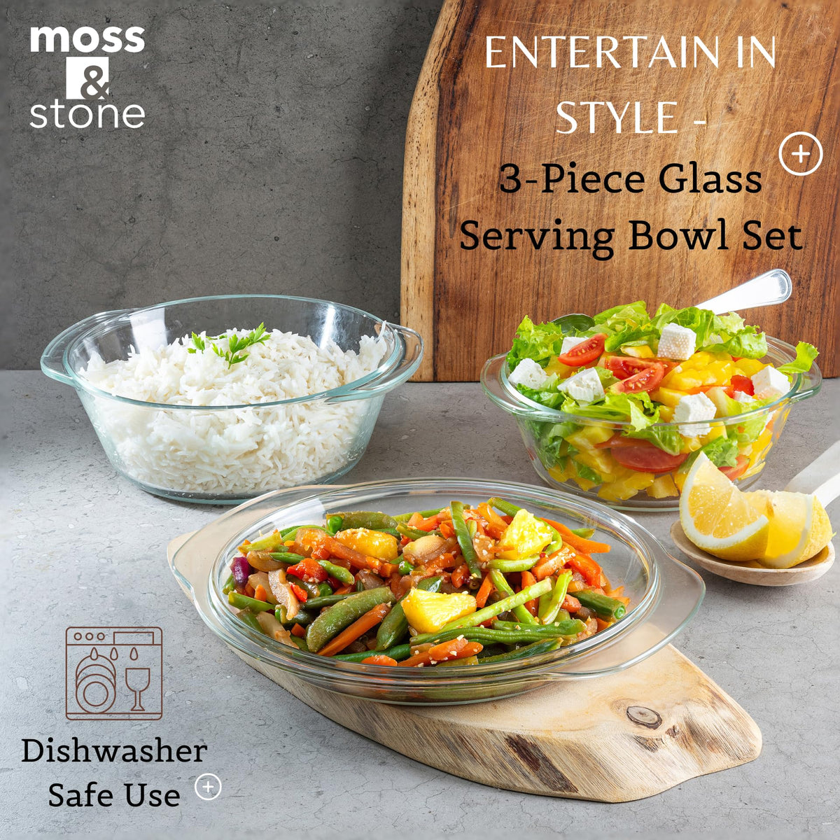 Moss & Stone Glass Casserole Set with Lids, Borosilicate, Clear, 3 Sizes