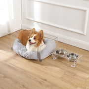 Billie 24" x 15.75" Small Modern Lucite Pet Bed with Washable Cushion and 4" Elevated Pet Feeder with 27 oz 2-Stainless Steel Bowls by THE LICKER STORE – Model DBD2001A-2SET
