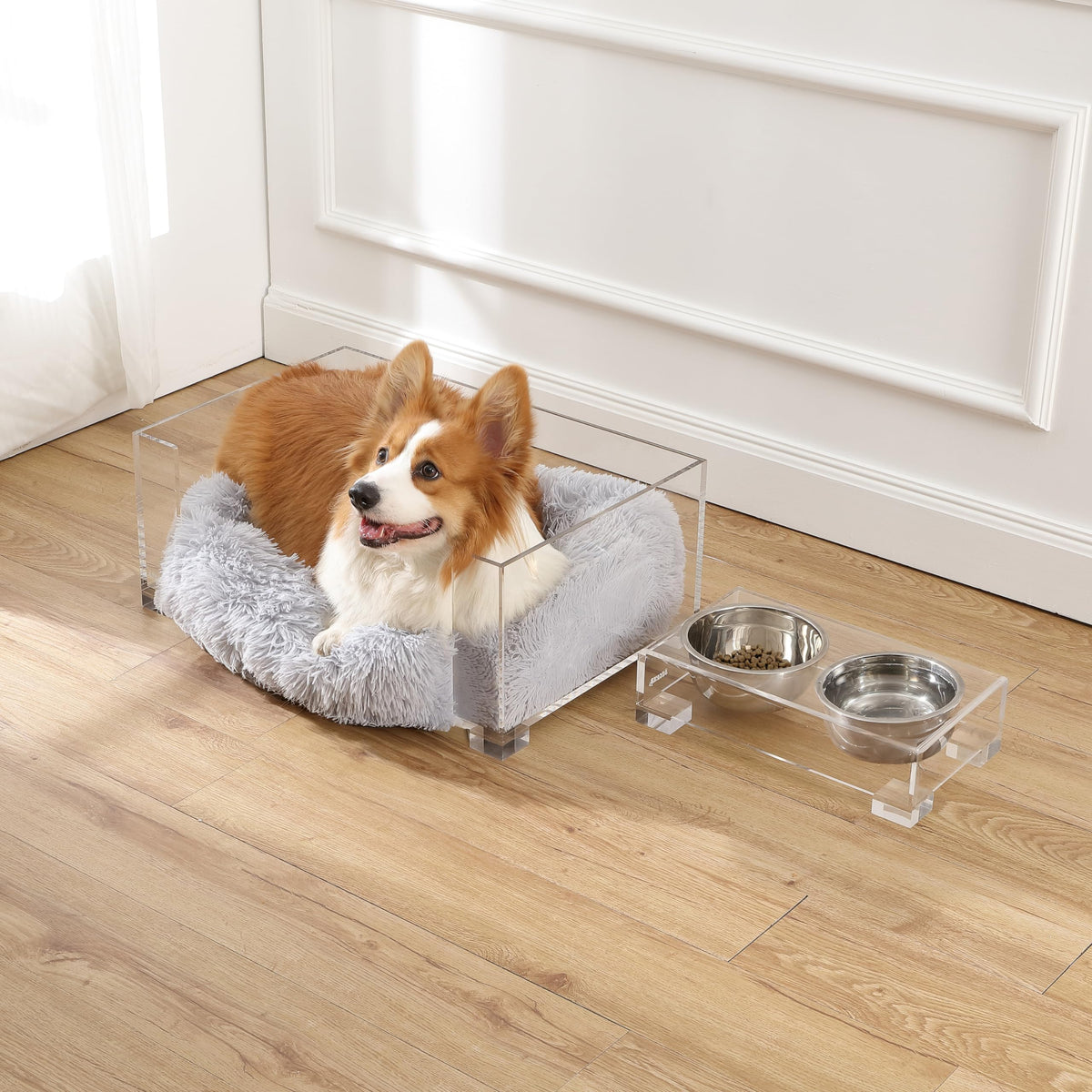 Billie 24" x 15.75" Small Modern Lucite Pet Bed with Washable Cushion and 4" Elevated Pet Feeder with 27 oz 2-Stainless Steel Bowls by THE LICKER STORE – Model DBD2001A-2SET