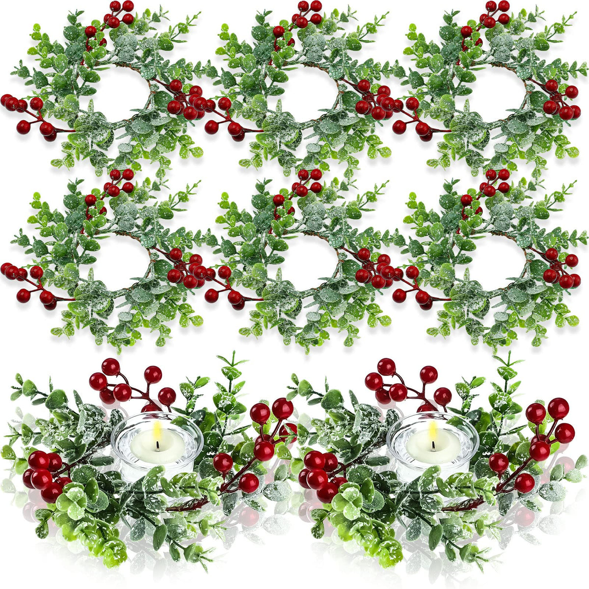 Willbond Christmas Candle Rings, 9 Inch Diameter with Berry Greenery, Set of 12