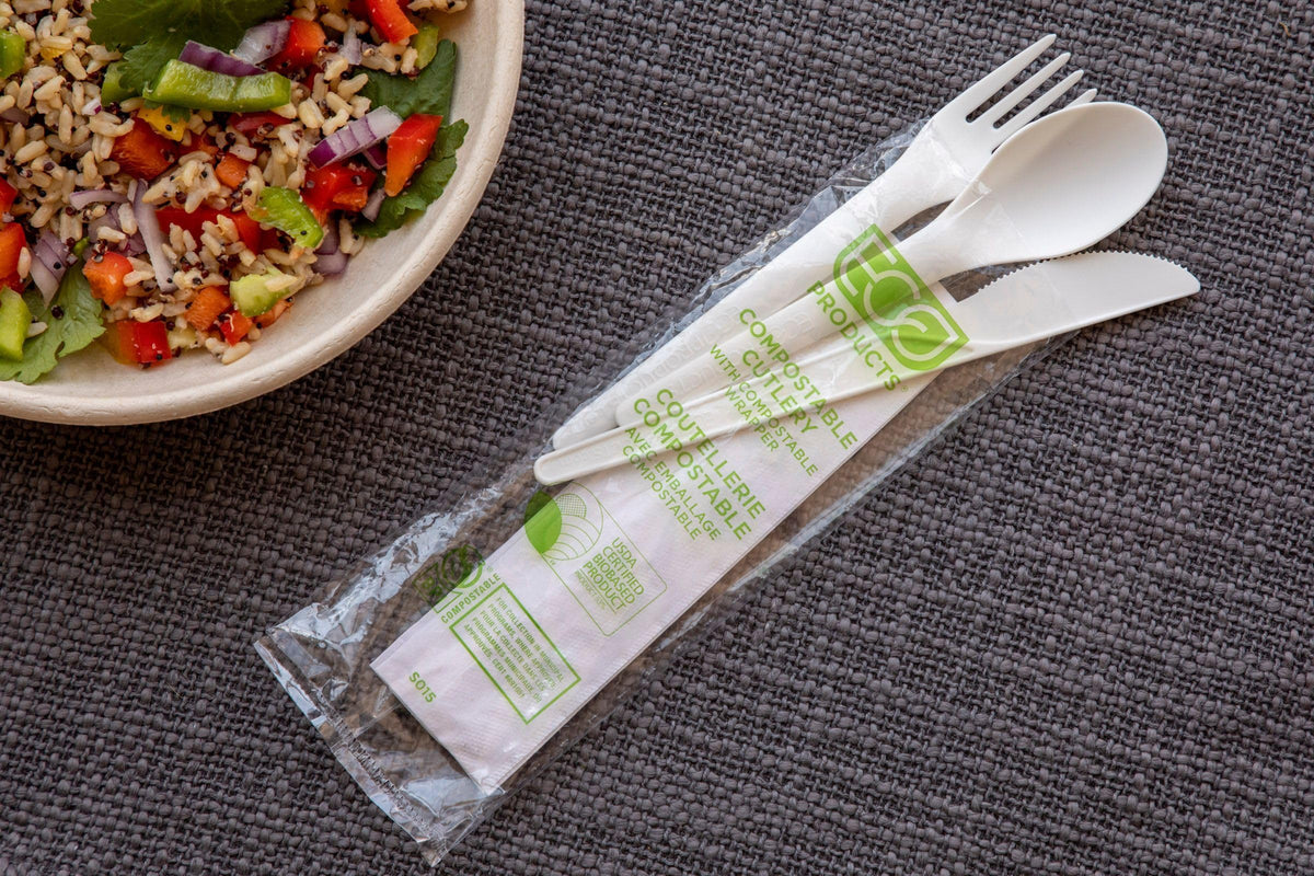 Eco-Products Compostable CPLA 6" Plastic Utensil Set – Wrapped Plantware Cutlery, Case of 250, White Disposable Knife, Fork, Spoon, and Napkin, Renewable Material Made from Plants, Sturdy and Strong