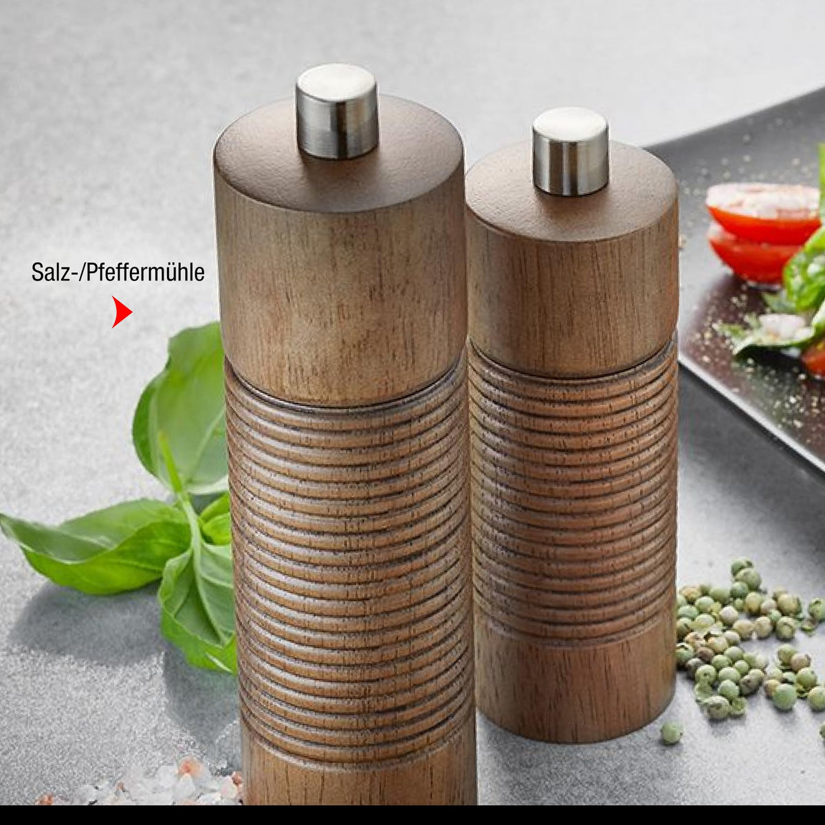 Salt or Pepper Mill by GEFU – klein, Stainless Steel, Silver, Model 34647