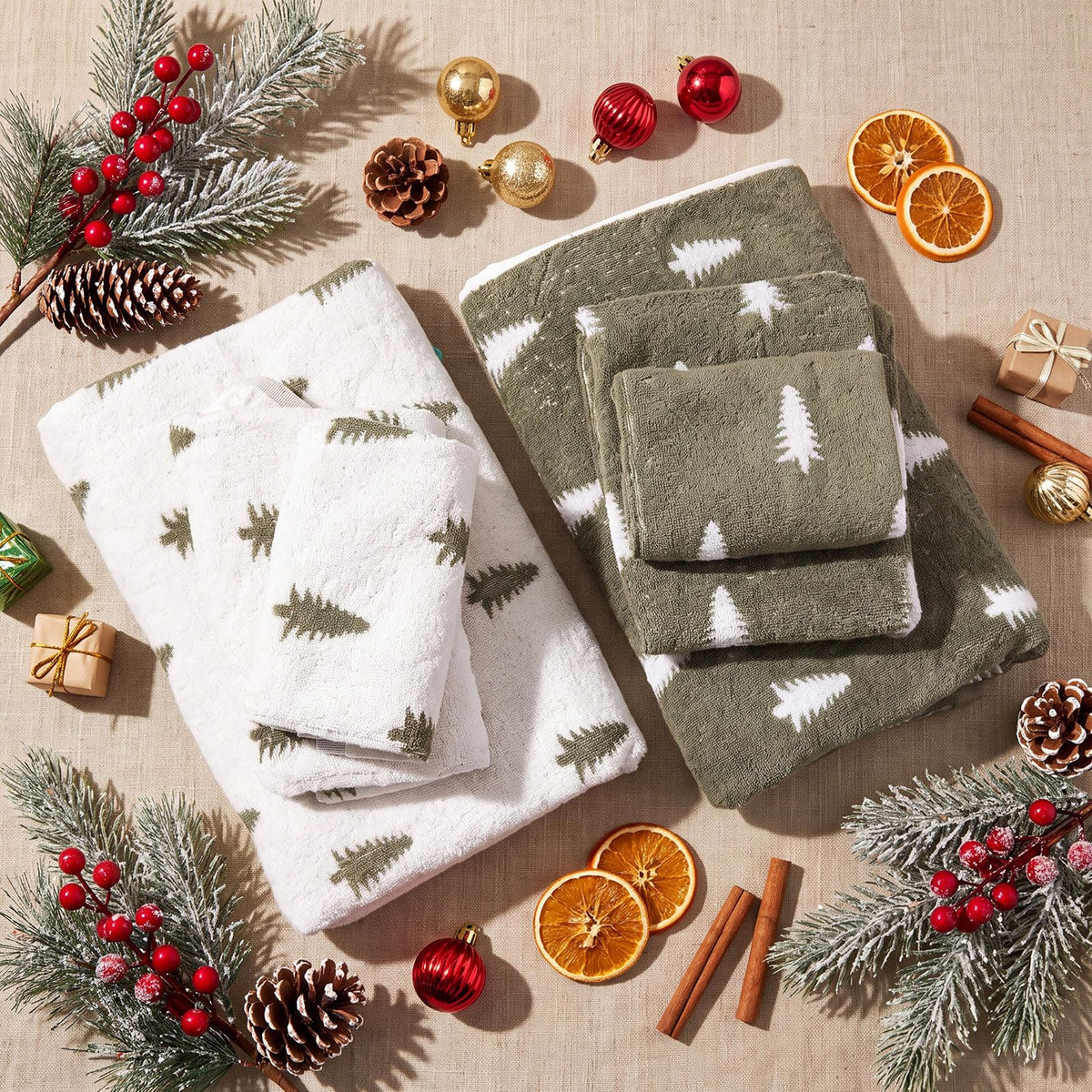 Peryiter Christmas Towel Set, Pine Tree Pattern, Green, 6 Pieces