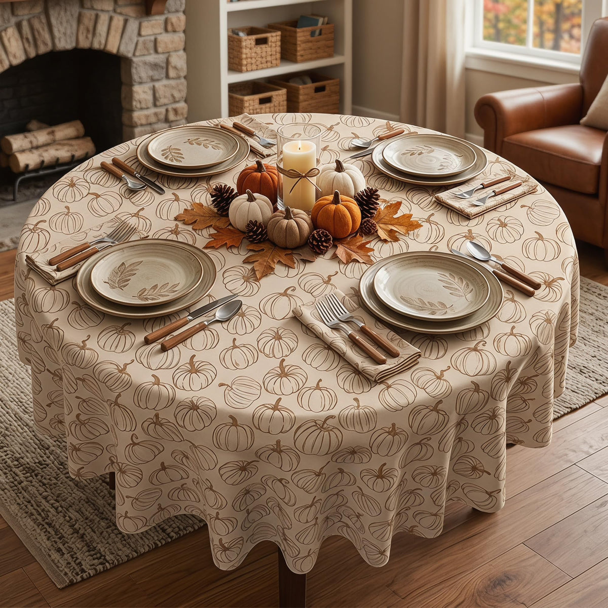 JNDJE Round Tablecloth, 60 Inch Diameter, Fall Pumpkins