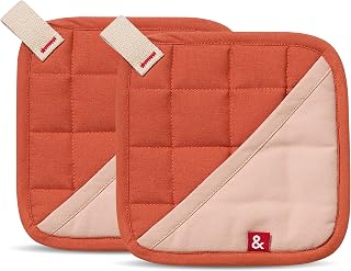 hedley & bennett Pot Holders with Pocket, Set of 2, Paprika Red | Heat Resistant, 100% Cotton Outer and Lining, 100% Polyester Filling