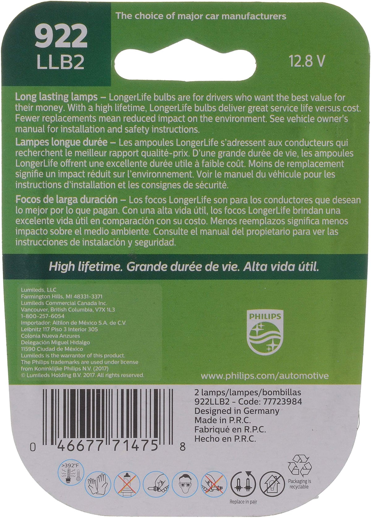 922 LongerLife Miniature Bulb by PHILIPS – 2 Count (Pack of 1), Glass, Pack of 2, Model 922LLB2