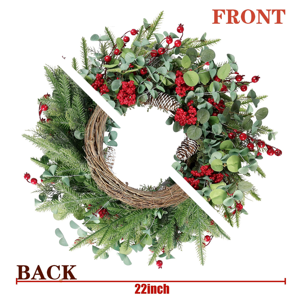 Sggvecsy Artificial Christmas Wreath, 22 Inch Diameter, Red Berry with Pine Cones