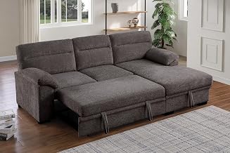 Lilola Home Kipling II 95" W Brown Chenille Fabric Sleeper Sectional Sofa with Right-Facing Storage Chaise – L-Shaped Pull-Out Bed, Drop-Down Console with USB Ports, and Pocket Coil Seating