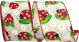 Reliant Ribbon Lady Bugs and Daisies Wired Edge, Natural/red, 2-1/2 Inch, 10 Yards