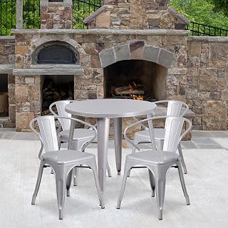 Flash Furniture Commercial Grade 30" Round Silver Metal Indoor-Outdoor Table Set with 4 Arm Chairs