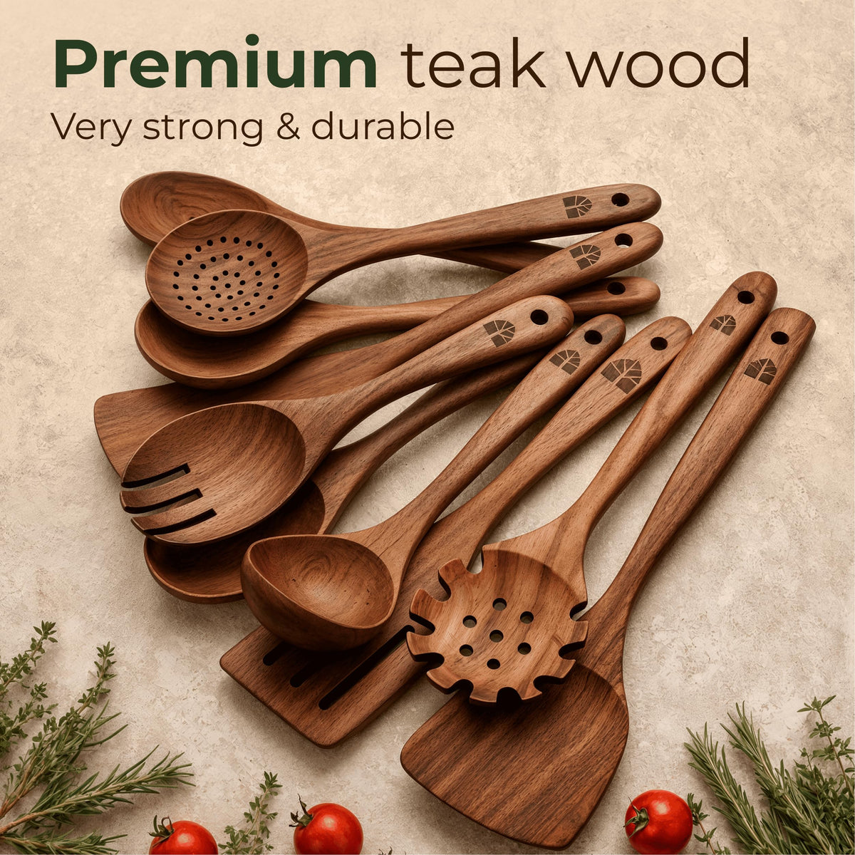 Woodenhouse Teak Wood Utensil Set, 10 Pieces, Natural