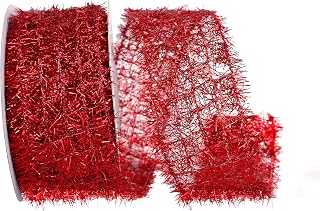Reliant Ribbon 93689W-065-40F Tinsel Net Frizzette Wired Edge Ribbon, 2-1/2 Inch X 10 Yards, Red