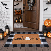 Fallovea Halloween Doormat Set, Coir Welcome Ghost Mat with Plaid Rug, Black and White