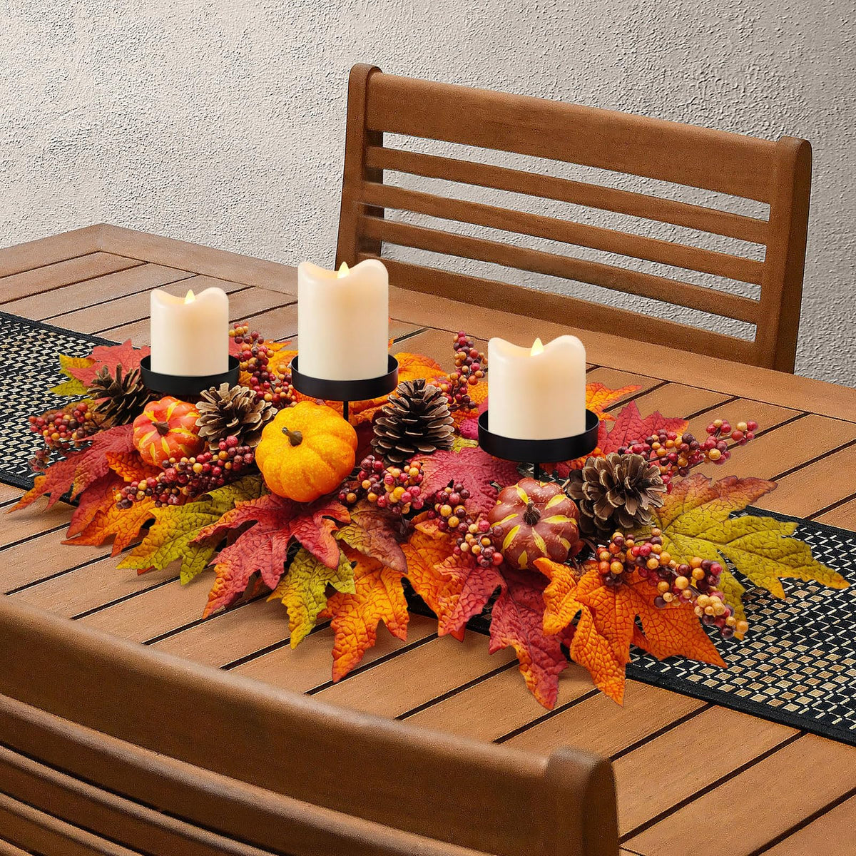 Sunnypack Fall Harvest Candle Holder, 27.5 Inch Triple Pillar, Pumpkin Pine Cone Berry