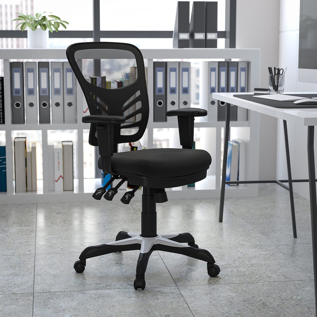 Nicholas Mid-Back Black Mesh Multifunction Executive Swivel Ergonomic Office Chair with Adjustable Arms by Flash Furniture – 4 Pack, Model 4-HL-0001-GG
