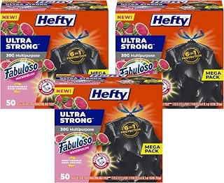 Hefty Ultra Strong 30 Gallon Trash Bags, Large Trash Bags, Multipurpose, Break Resistant Drawstring Closure, Resists Leaks, Punctures, and Tears, Black, Fabuloso Watermelon Scent, 50 Bags (Pack of 3)